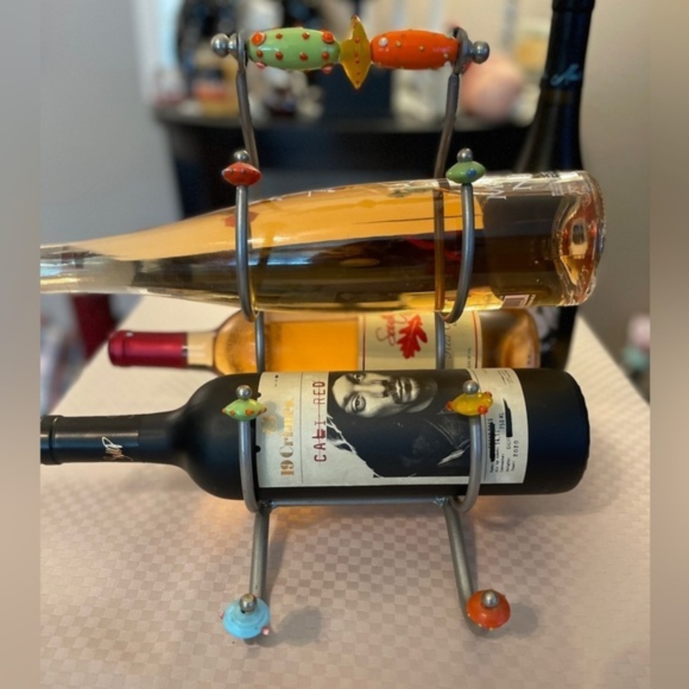 Vintage silver metal tabletop 3 bottle wine holder with colorful glass beads.